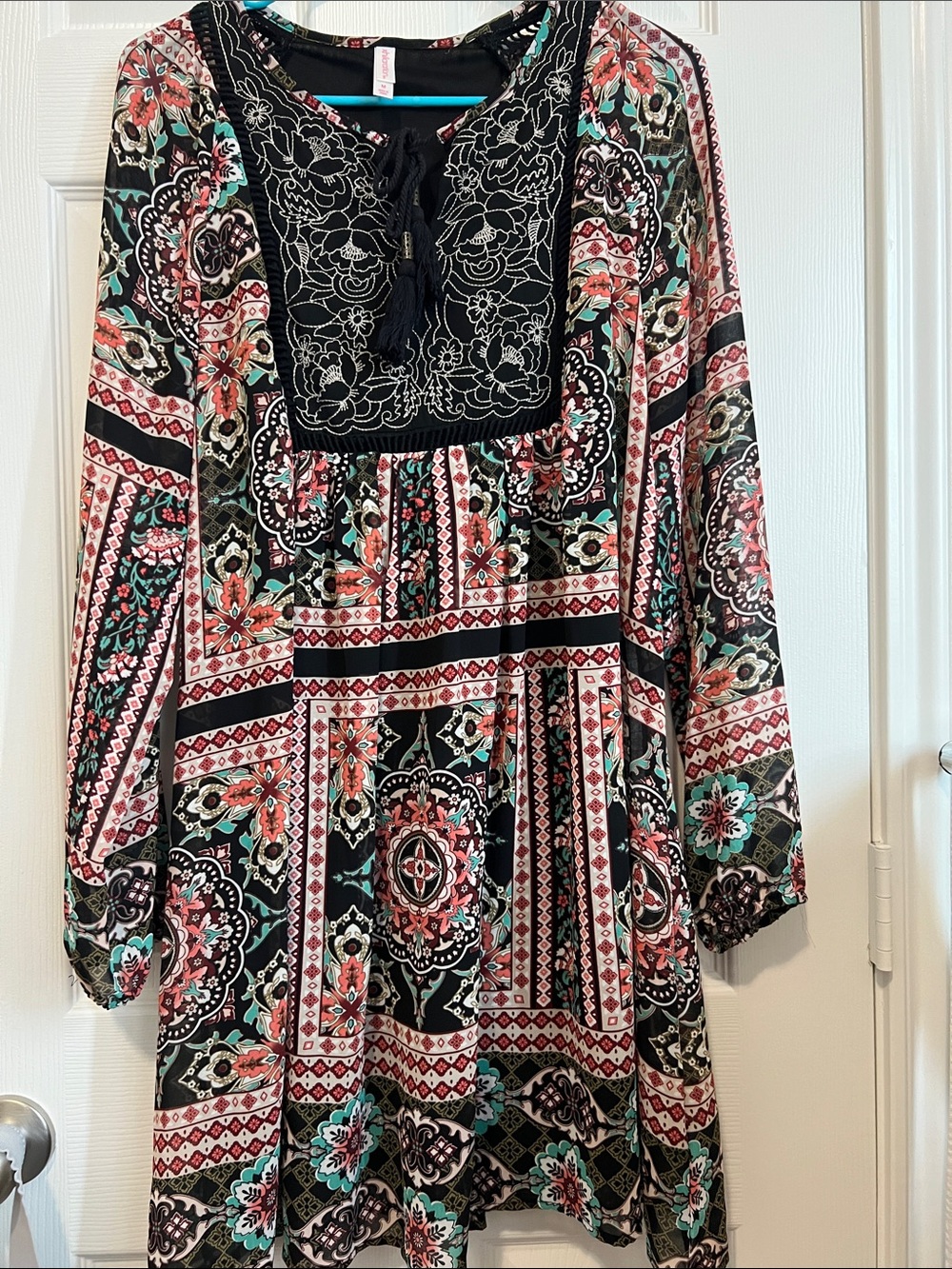 Xhilaration Black Long Sleeve Boho Dress with Pink & Teal Accents